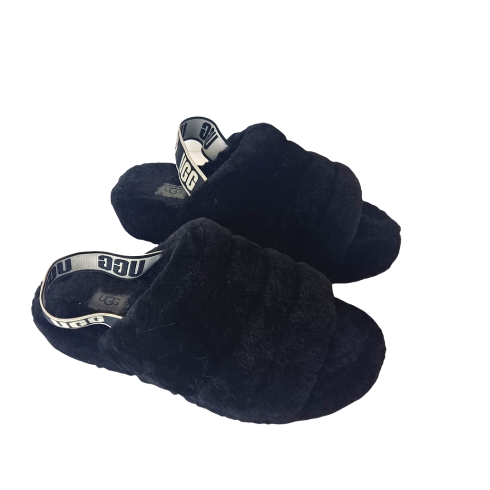 UGG Black Fluff Yeah Logo Slide Sandals Size 9